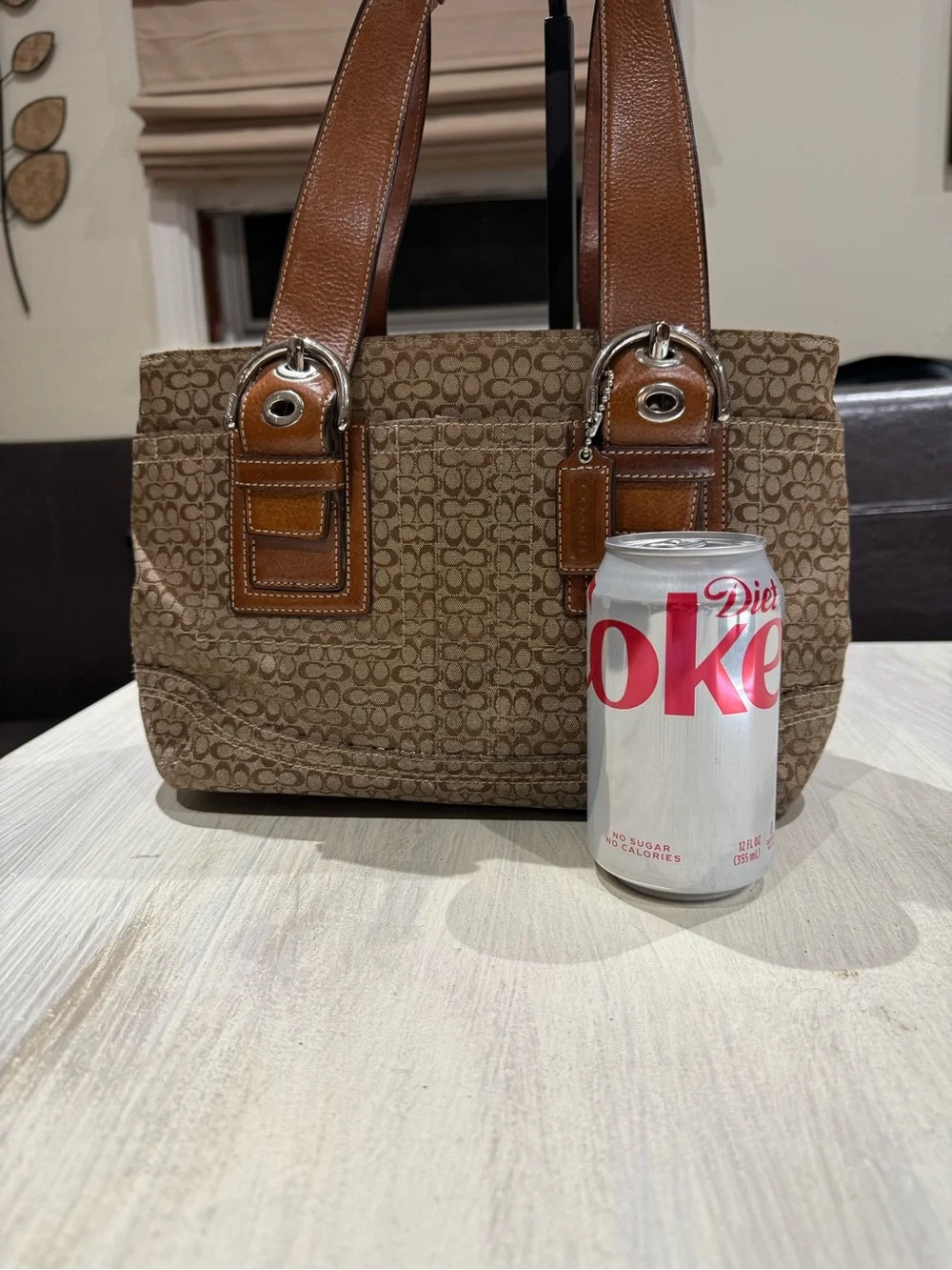 Coach SoHo Mini C Brown Signature Canvas Small Tote with Leather Trim